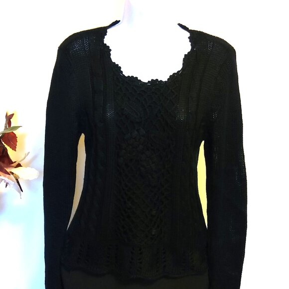 NWT Women’s Black Lightweight Long Sleeve Crochet Cardigan Pullover Sweater - Picture 7 of 7